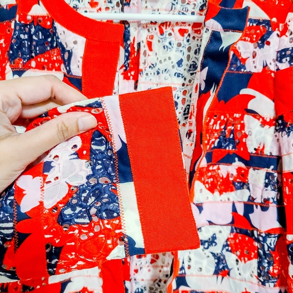 RENA LANGE 100% Cotton Red Eyelet Floral Boho Butterfly Blazer size 8 - Picture 4 of 8